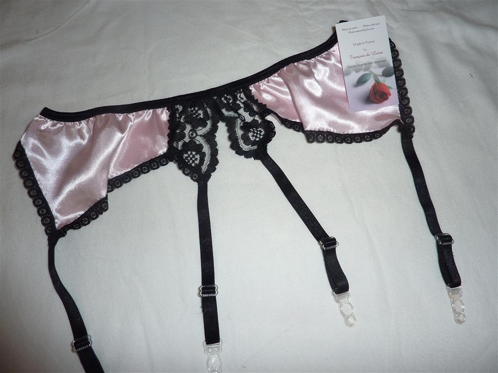 Pink satin and black lace Suspender belt